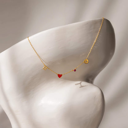 Custom Initial Heart Necklace with Birthstone and Zodiac Sign - Silver / 4