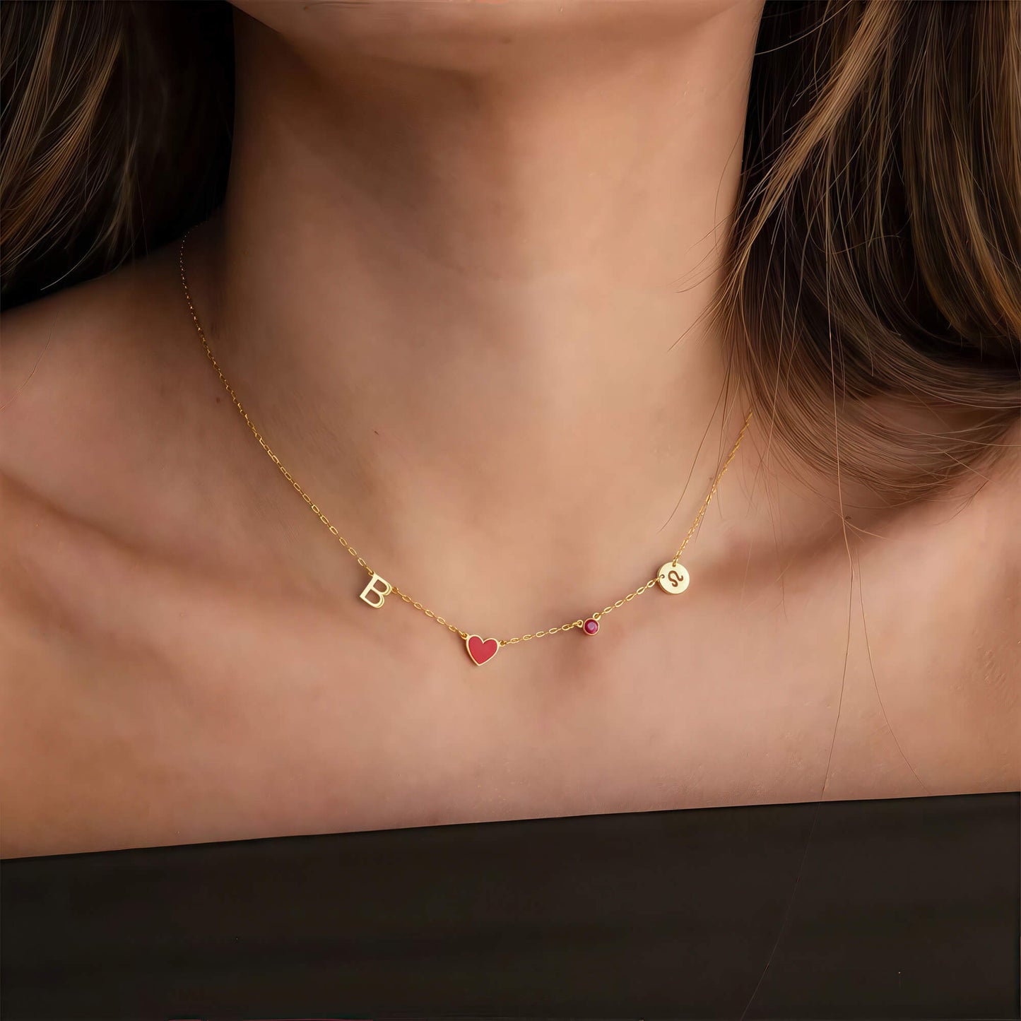 Custom Initial Heart Necklace with Birthstone and Zodiac Sign - 14K Gold / 1
