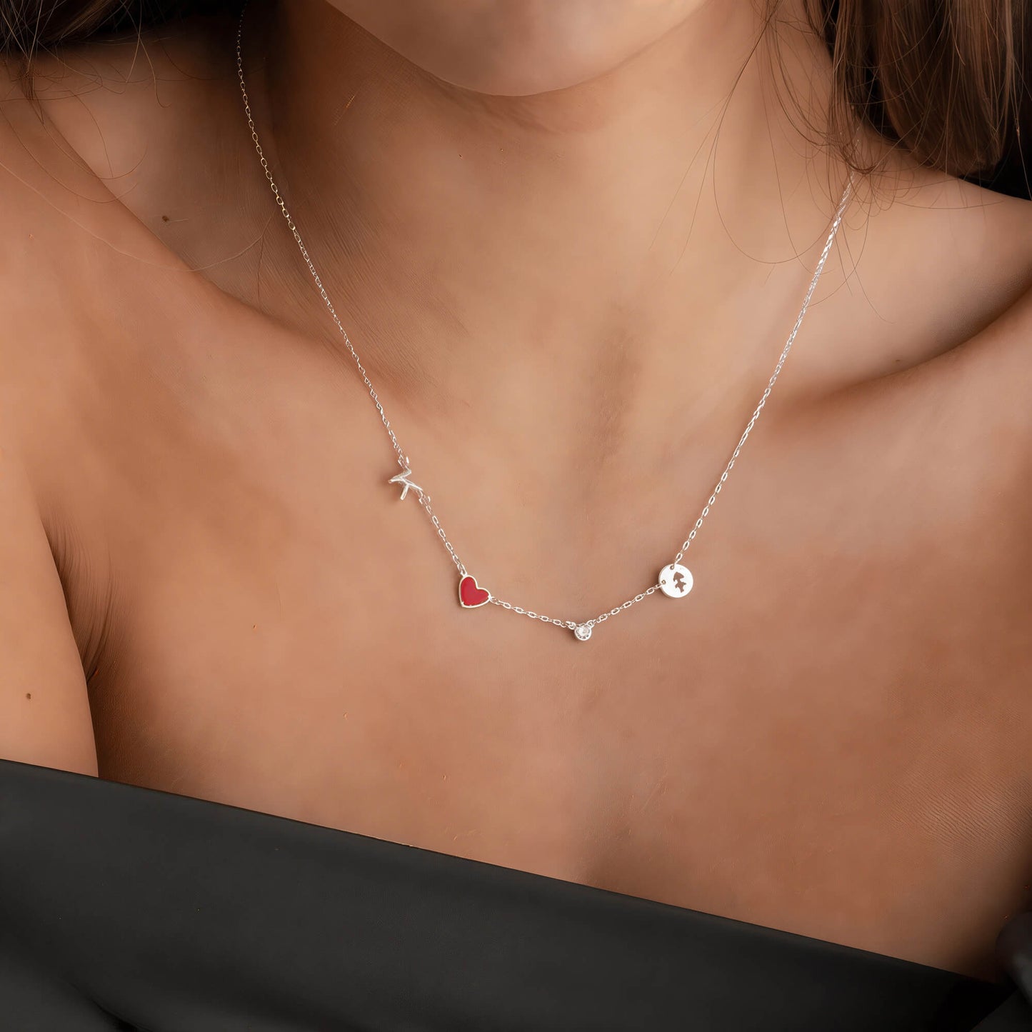 Custom Initial Heart Necklace with Birthstone and Zodiac Sign - Silver / 3