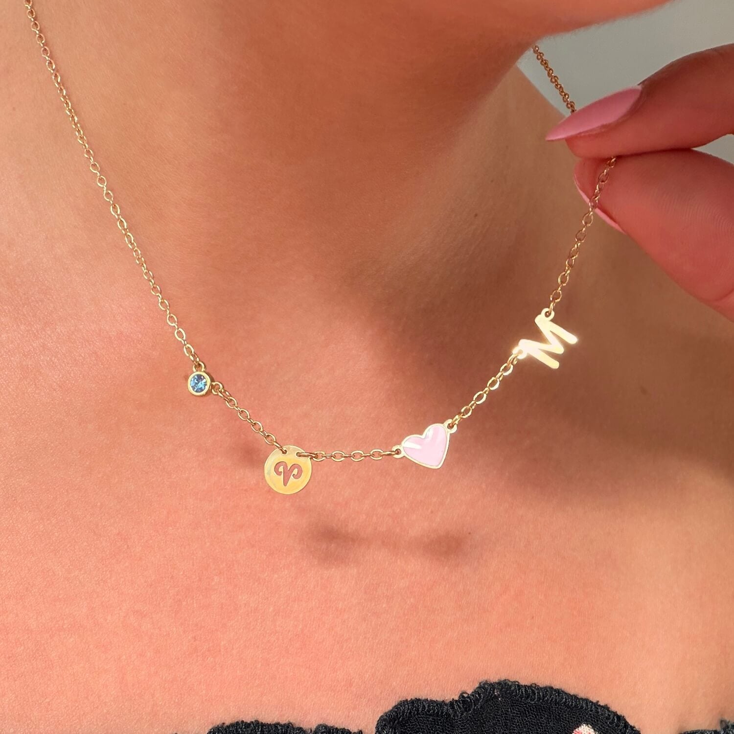 Custom Initial Heart Necklace with Birthstone and Zodiac Sign - 14K Gold / 3