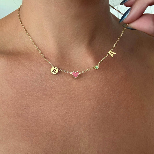 Custom Initial Heart Necklace with Birthstone and Zodiac Sign - 14K Gold / 4